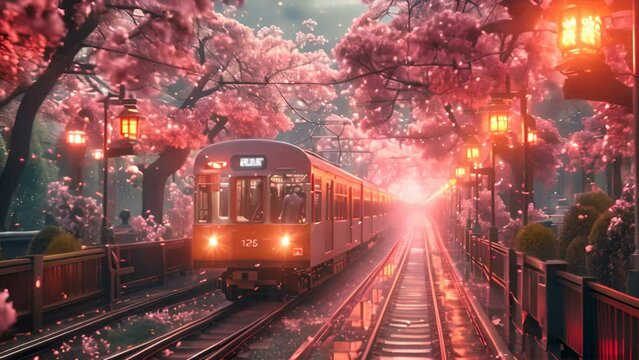Cherry blossoms or Sakura and local train generative ai
