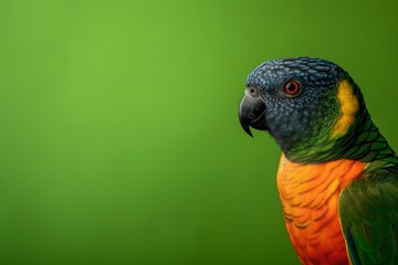 Obraz premium A close-up portrait photo of a colourful parrot against a colourful yellow background. The bird is the focal point of attention against the vibrant coloured backdrop, creating a visually appealing and