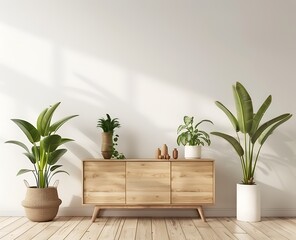 3D rendering of a mock up interior design concept, with a white wall background and a wooden...