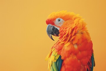 Obraz premium A close-up portrait photo of a colourful parrot against a colourful yellow background. The bird is the focal point of attention against the vibrant coloured backdrop, creating a visually appealing and