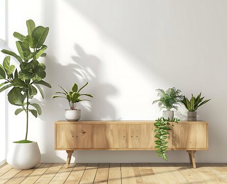 3D rendering of a mock up interior design concept, with a white wall background and a wooden sideboard and plants on the floor in the style of a modern minimalist living room