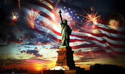 Fototapeta premium Statue of Liberty in Splendor: USA's Freedom Day Glow