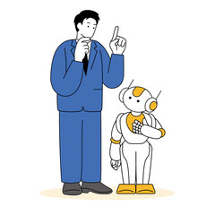 AIロボットとスーツを着た男性のシンプルな線画イラスト
