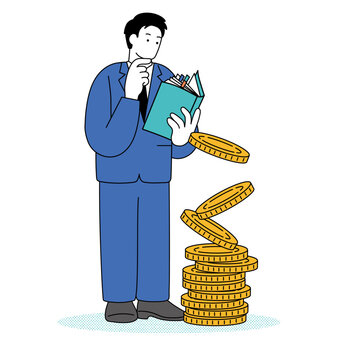 recommend clip art: お金について勉強をするスーツを着た男性のシンプルな線画イラスト
                    