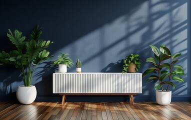 3D rendering of a white cabinet with plants on a wooden floor and navy blue wall background in a modern living room interior mock up in a minimal style, empty space for text or product display
