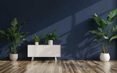 3D rendering of a white cabinet with plants on a wooden floor and navy blue wall background in a modern living room interior mock up in a minimal style, empty space for text or product display