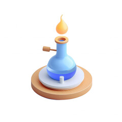 Fototapeta premium 3D illustration of a science experiment with a Bunsen burner heating a blue liquid in a flask. Educational and scientific concept.