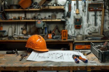 Fototapeta premium A safety helmet and blueprint on a workbench with industrial tools