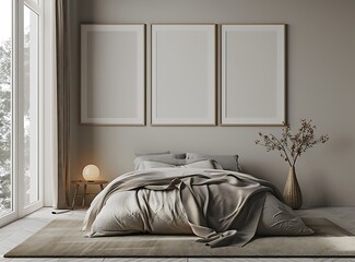 3d rendering of beautiful modern bedroom interior with empty blank poster frames on wall, gray and brown color palette, minimalistic design with soft lighting and texture details, cozy atmosphere