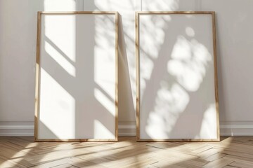 two empty wooden frame poster mockup, 3d render wooden frame