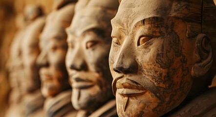 Fototapeta premium Diverse Lineup of Ancient Stone Buddha Statues Representing Eastern Spiritual and Cultural Traditions
