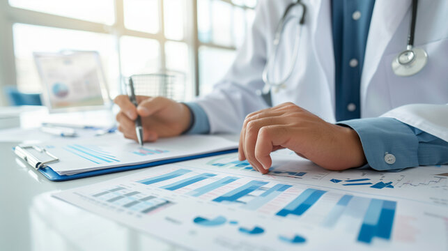 Doctor working with medical statistics and financial reports in office