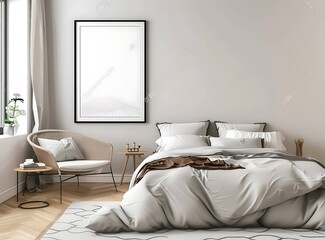 3d rendering of modern bedroom interior with bed and empty poster frame on wall mockup