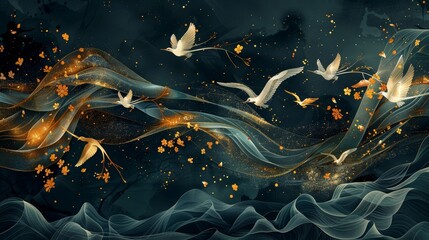 Artistic 3D wallpaper, dark blue jungle with golden birds, white gold dinosaur, and graceful gold waves, capturing a unique modern aesthetic
