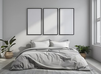 3d rendering of modern bedroom interior with double bed and three vertical blank poster frames on wall, minimalist design in gray color scheme