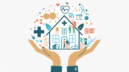 Hands with protective gesture and family, life, health and house insurance icons. Insurance concept, Family life insurance and policy concepts, hospital, medical treatment