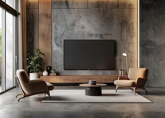 3d rendering of TV on the wall in modern living room interior with sofa, armchair and coffee table