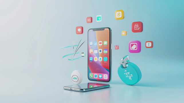 Healthcare, medicine business, health care, online doctor and medical support concept. Realistic smartphone mockup, 3d icons flying over screen. Application development, ui design background. Vector