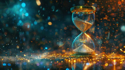 An hourglass with glittering particles flowing inside, symbolizing the passage of time and anticipation for an exciting future.