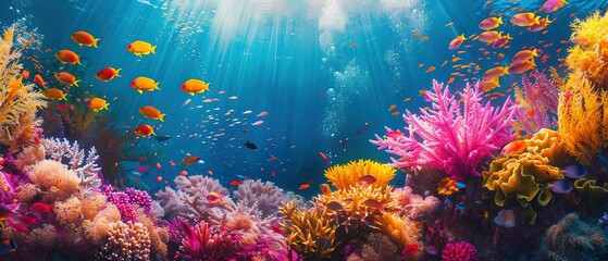 A colorful underwater scene with many fish and coral. Scene is lively and vibrant, with the bright colors of the fish