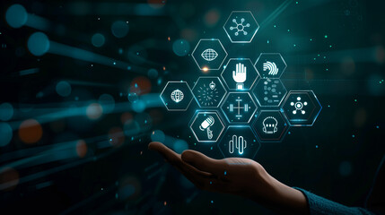 Healthcare system. Medical icons on hexagons made pyramid and hand holding the top element. Health care plane, patient service digital technology, ai integrate, futuristic pharmacy innovation concept