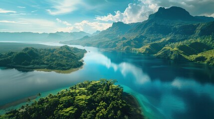 Spectacular mountain lake landscape in indonesia with aerial view of bali beauty and serenity - Powered by Adobe