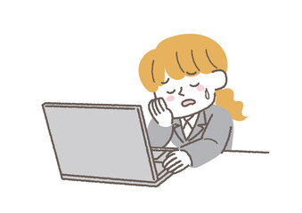 パソコンの前でぐったりしているビジネスウーマンのイラスト