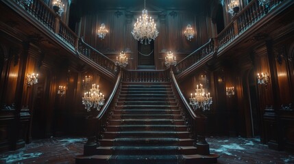 Traditional mansion staircase with vintage candelabra lighting