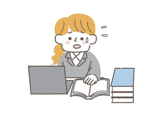 溜まった仕事を片付けている女性の会社員のイラスト