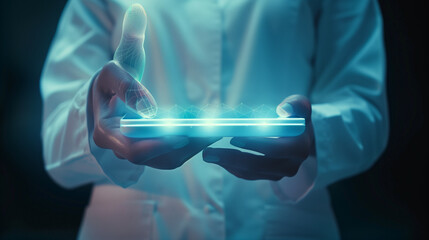 Medical cybersecurity, tablet and hands of doctor, surgeon or nurse with virtual hologram for database lock. Mockup hospital, life insurance and woman with digital archive biometric for info safety