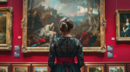 Back view of elegantly dressed woman in classical art gallery. Lady looking at old paintings in museum