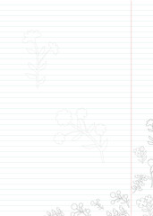 Notebook sheet for notes with hand-drawn outline flowers
