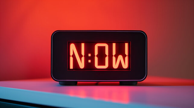 Digital clock with "NOW" illuminated in red, sitting on a desk against a bold red and blue gradient background.
 - Powered by Adobe
