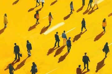 Vibrant City Life Abstract Yellow Street with Silhouettes of People Walking and Shadows, Urban Travel Concept