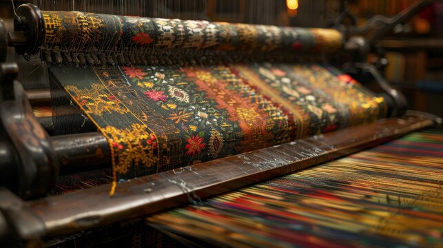 Double exposure of traditional looms and intricate patterns, set against a dark background, highlighting cultural heritage