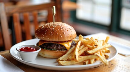 Cheeseburger, ketchup and French fries on white plate on restaurant table. Hamburger or burger and potato chips