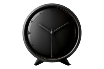 Analog alarm clock with round black design isolated on transparent background