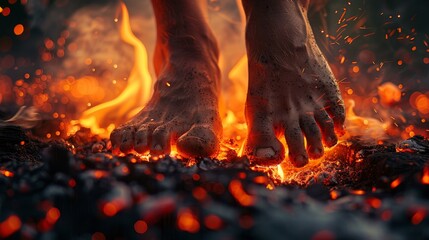 Naklejka premium Close-up of bare feet cautiously stepping on burning hot coals, dark background emphasizing the glowing embers and intense heat