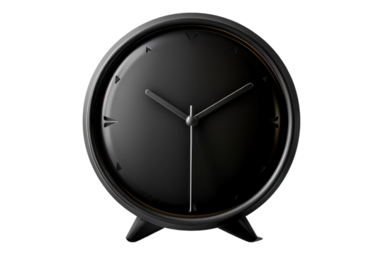 Analog alarm clock with round black design isolated on transparent background