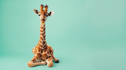 Adorable baby giraffe sitting on a blue background. © Sukifli Dakheng