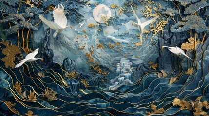 Obraz premium Dark blue jungle scene with intricate 3D mural, golden birds in flight, white gold dinosaur among gold waves, creating a modern art masterpiece