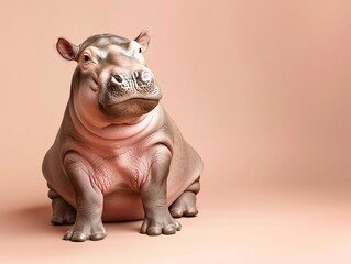 Fototapeta premium Cute pink hippopotamus figurine on a pink background.