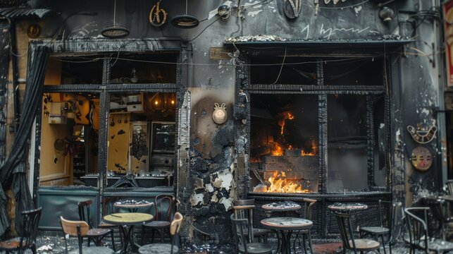 Detailed close-up of a cafe destroyed by fire, blackened walls, strong flames still burning, street corner scene