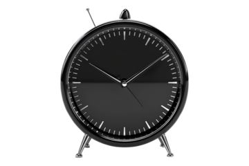 Analog alarm clock with round black design isolated on transparent background