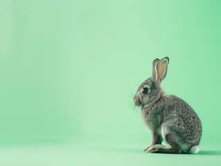 Fototapeta premium Cute grey rabbit sitting on green background, isolated, copy space.