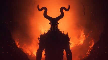 Demonic Entity with Glowing Eyes and Horns in Fiery Setting