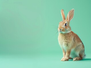 Obraz premium Cute brown bunny rabbit sitting on a green background.