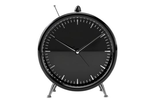 Analog alarm clock with round black design isolated on transparent background