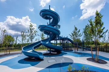 A modern playground featuring a large spiral slide and safety flooring