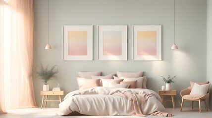 Mockup white empty frame in light cozy and simple bedroom interior background, 3d render